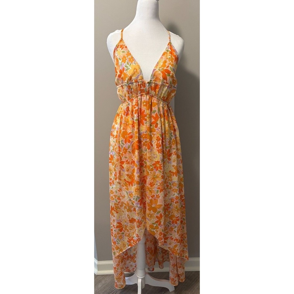 Promesa Orange Floral High Low Maxi Dress Large V-Neck Tie Back Summer Tropical